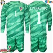 Camiseta Croacia Dominik Livakovic #1 Portero Visitante Equipación para niños Eurocopa 2024 manga larga (+ pantalones cortos)